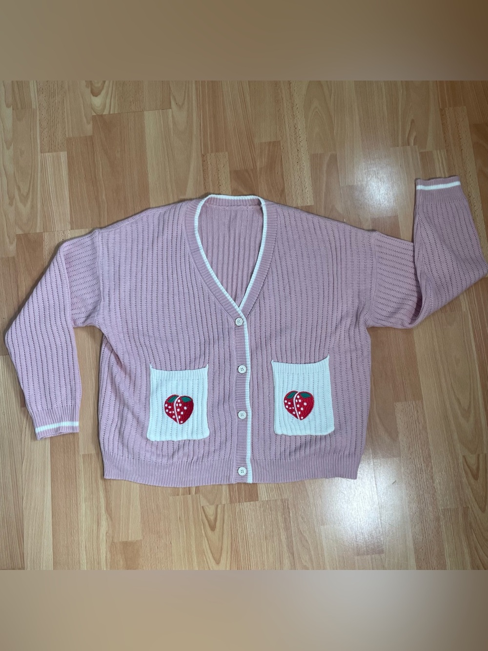 Pink Button down Sweater Cardigan with Strawberry Pocket Detail